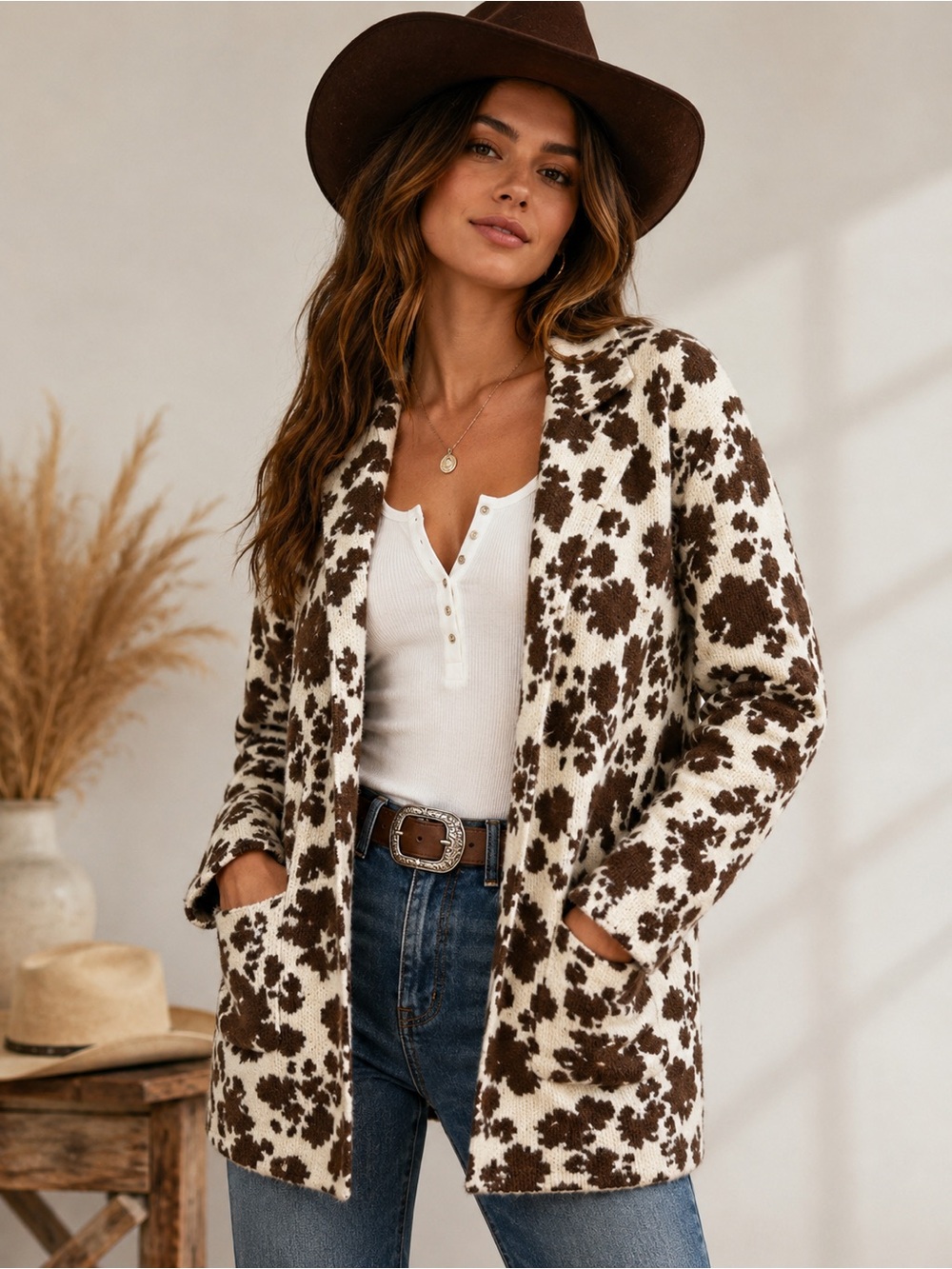 Haute Hippie Brown & Cream Patterned Teddy Open Front Cardigan